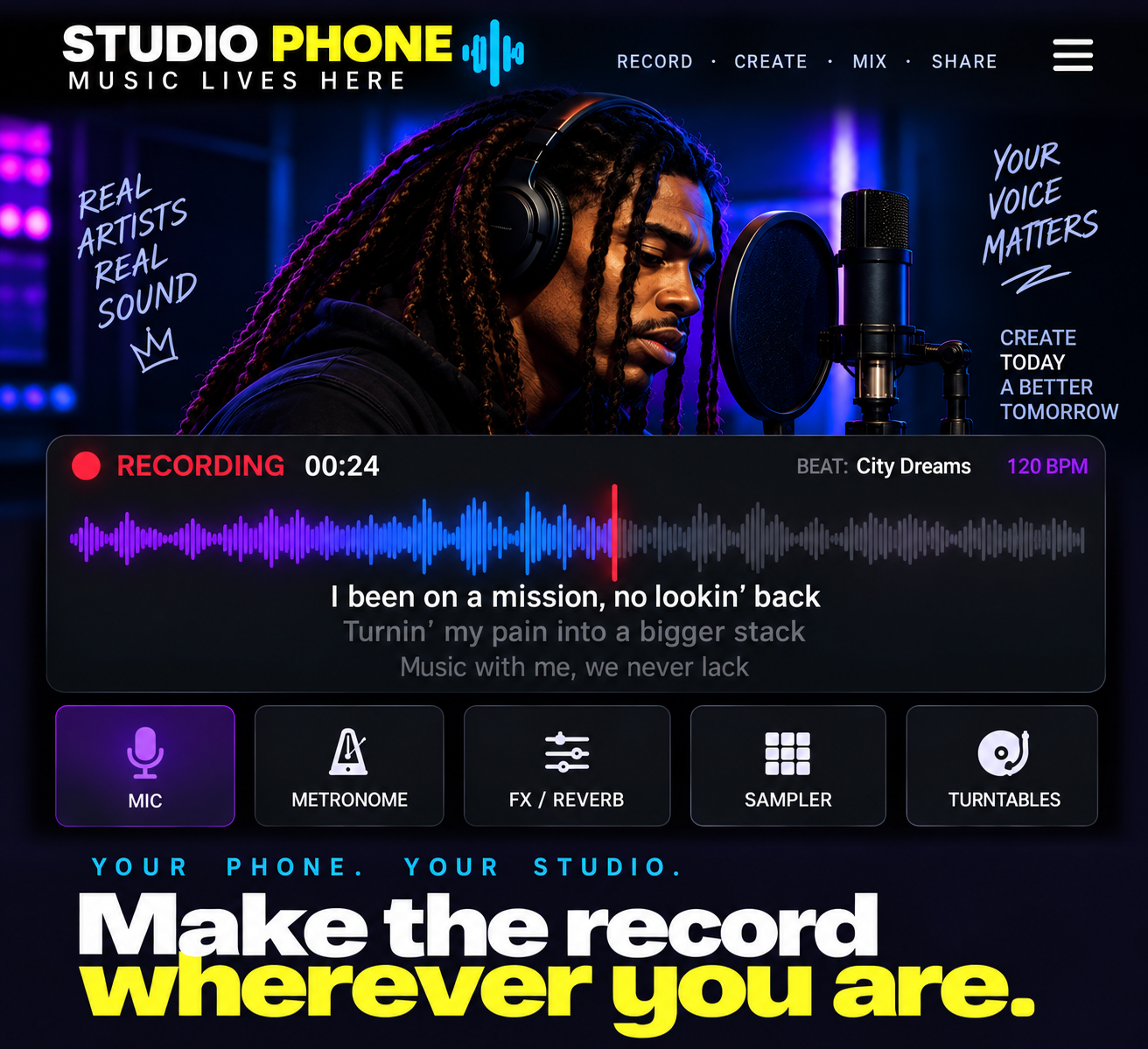 Artist recording into a studio microphone